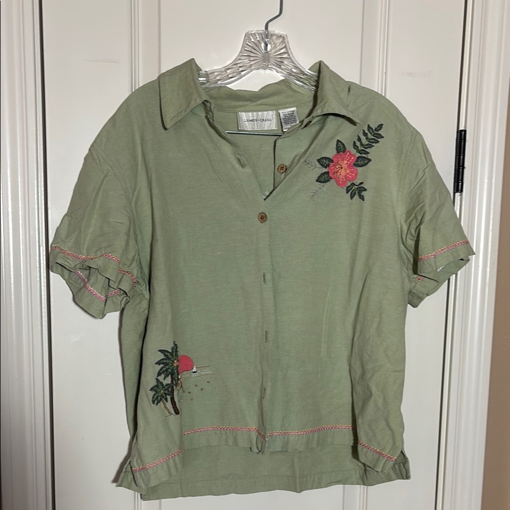 Green Embroidered Button-Up Shirt
